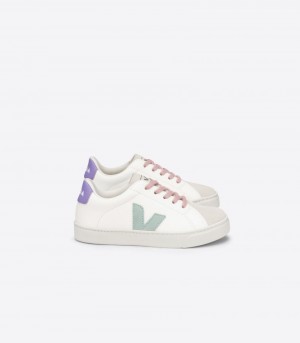 Veja Esplar Laces Chromefree Läder Sneakers Barn Vita Ljusgröna Lila | VLI-6937