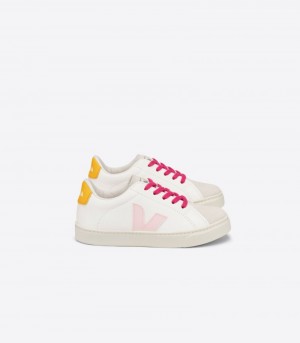 Veja Esplar Laces Chromefree Läder Sneakers Barn Vita Rosa Gula | IXH-3967