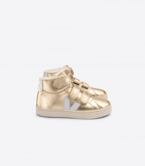 Veja Esplar Mid Fured Läder Sneakers Barn Guld Vita | KFD-9003