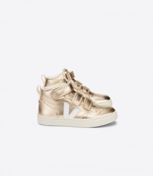 Veja V-10 Mid Chromefree Läder Sneakers Barn Guld Vita | JNH-6256