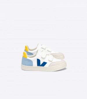 Veja V-12 Chromefree Läder Sneakers Barn Vita Mörkblå | KLZ-7017