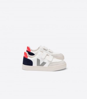 Veja V-12 Chromefree Läder Sneakers Barn Vita Marinblå Röda | INF-7992