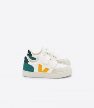 Veja V-12 Chromefree Läder Sneakers Barn Vita Gröna Gula | VPG-9061