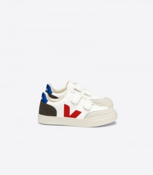 Veja V-12 Chromefree Sneakers Barn Vita Olivgröna Röda | ZJP-4293