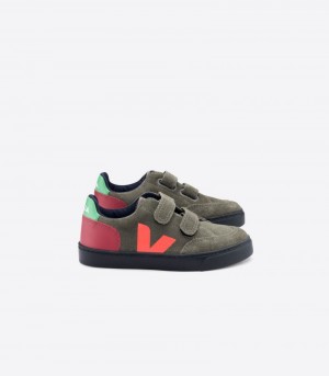 Veja Vstore V-12 Mocka Sneakers Barn Olivgröna Svarta Röda | HLD-3445